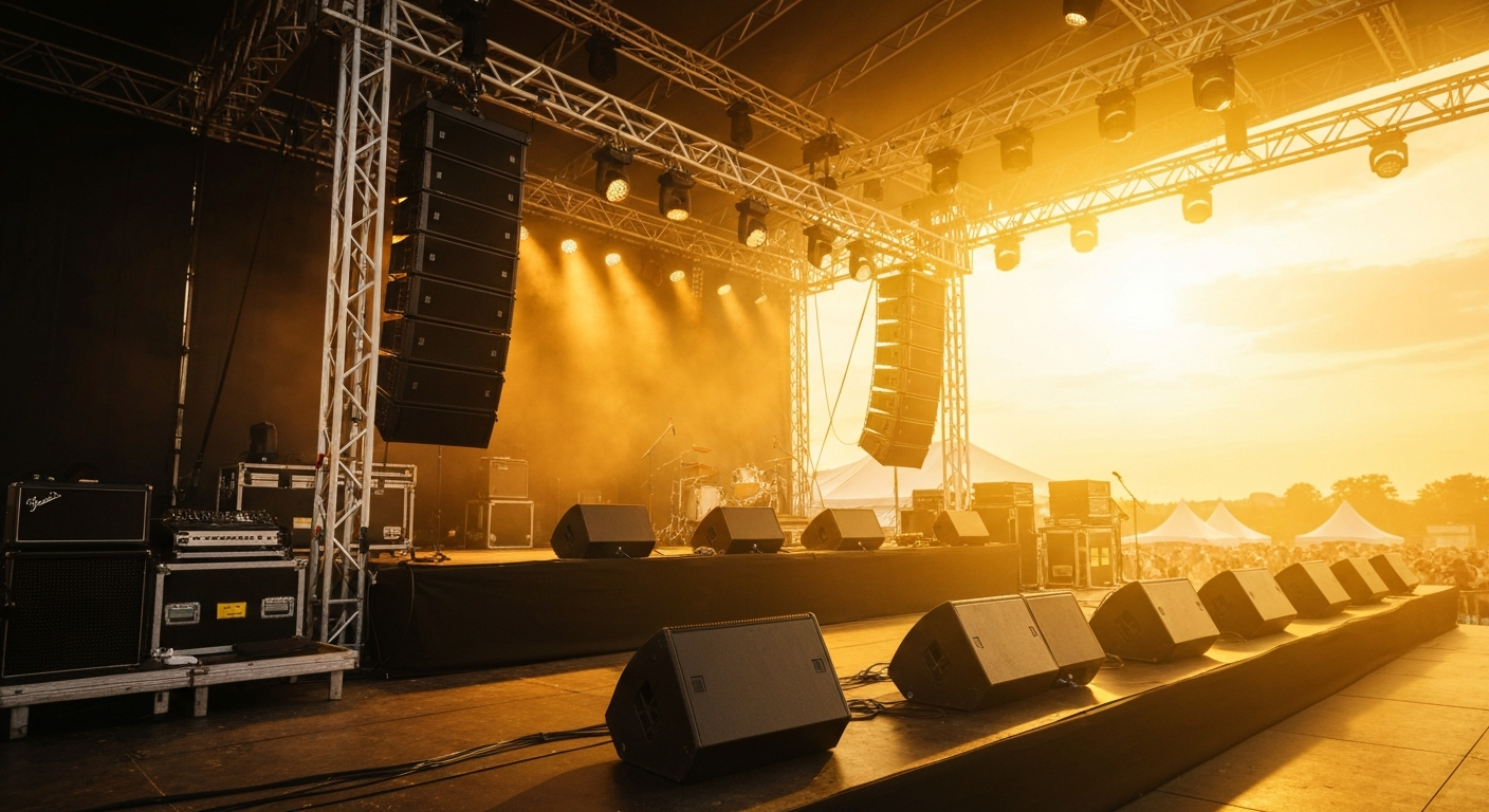 Line array PA and stage monitors at an outdoor stage