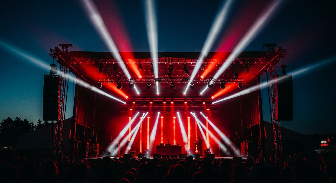 Festival main stage at night with truss rig and beams