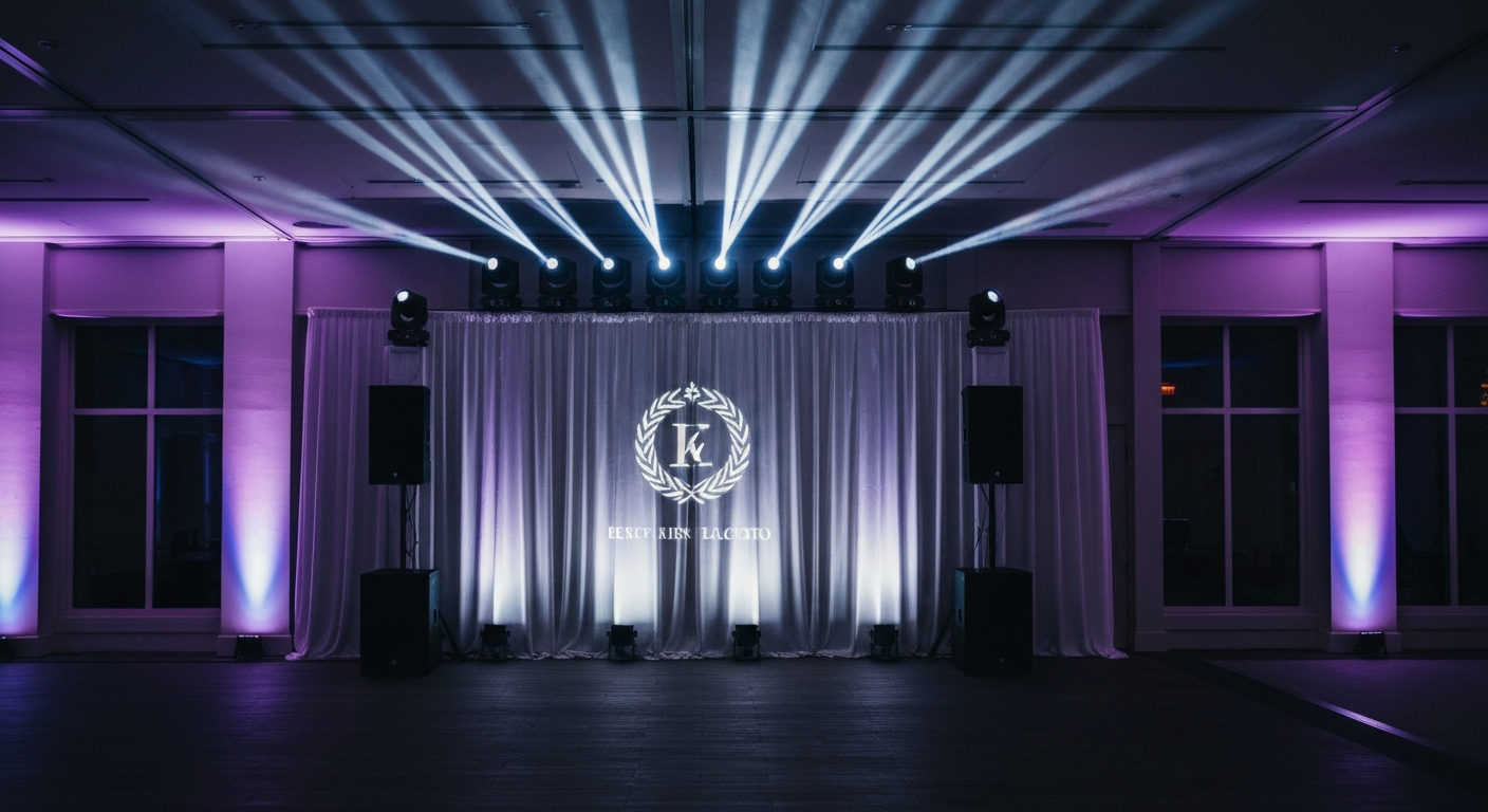 Draped stage with gobo projection and moving lights