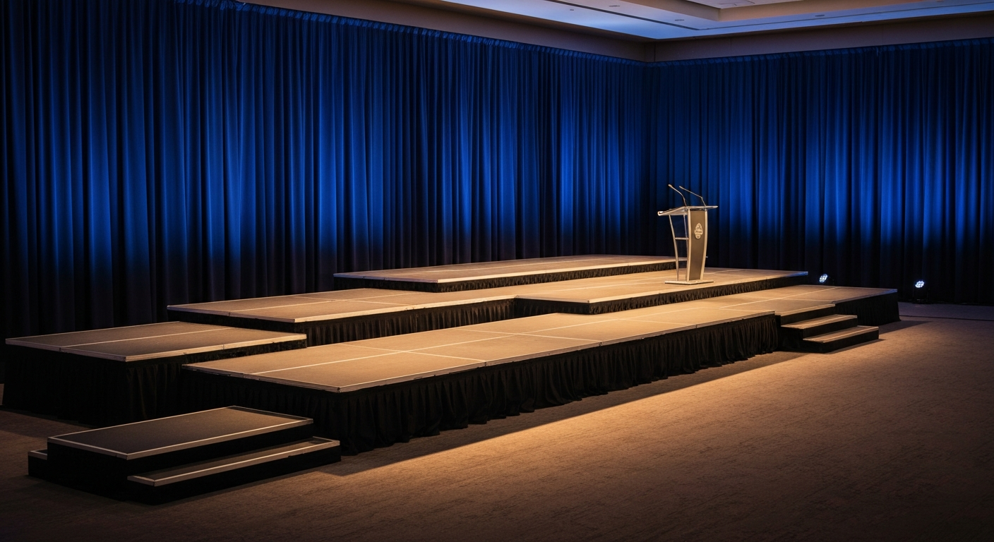 Modular stage with podium and blue drape backdrop